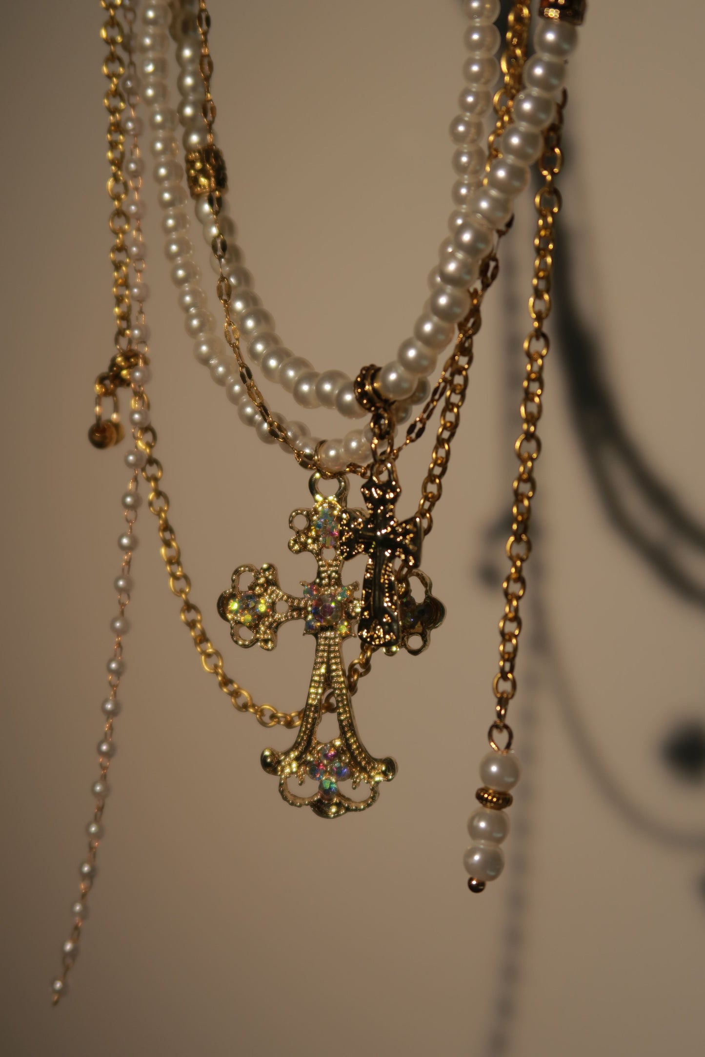 Heavenly Cross Necklace with Pearl Chains