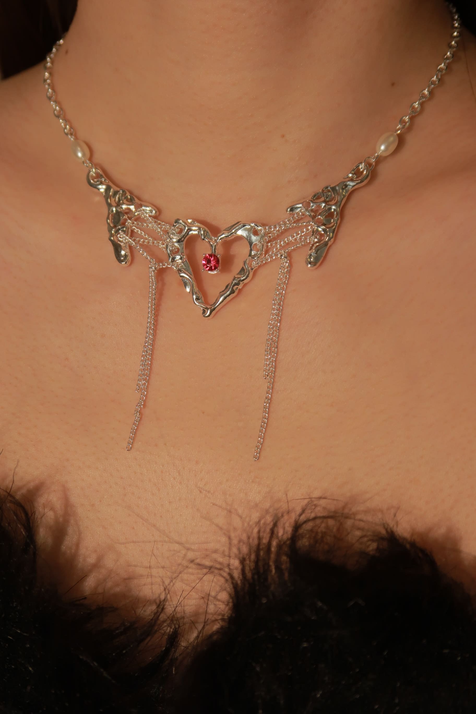 Pink Gem Heart Pendant Tassel Necklace