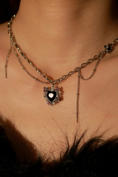 Black Gem & Pearl Heart Necklace