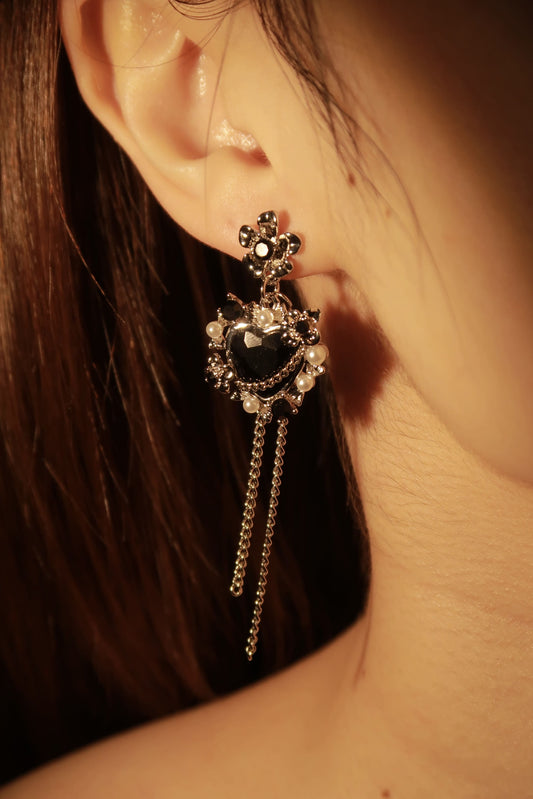 Black Gem & Pearl Heart Dangle Earrings