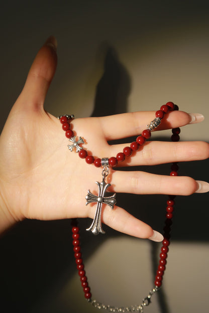 Red Beaded Cross Necklace