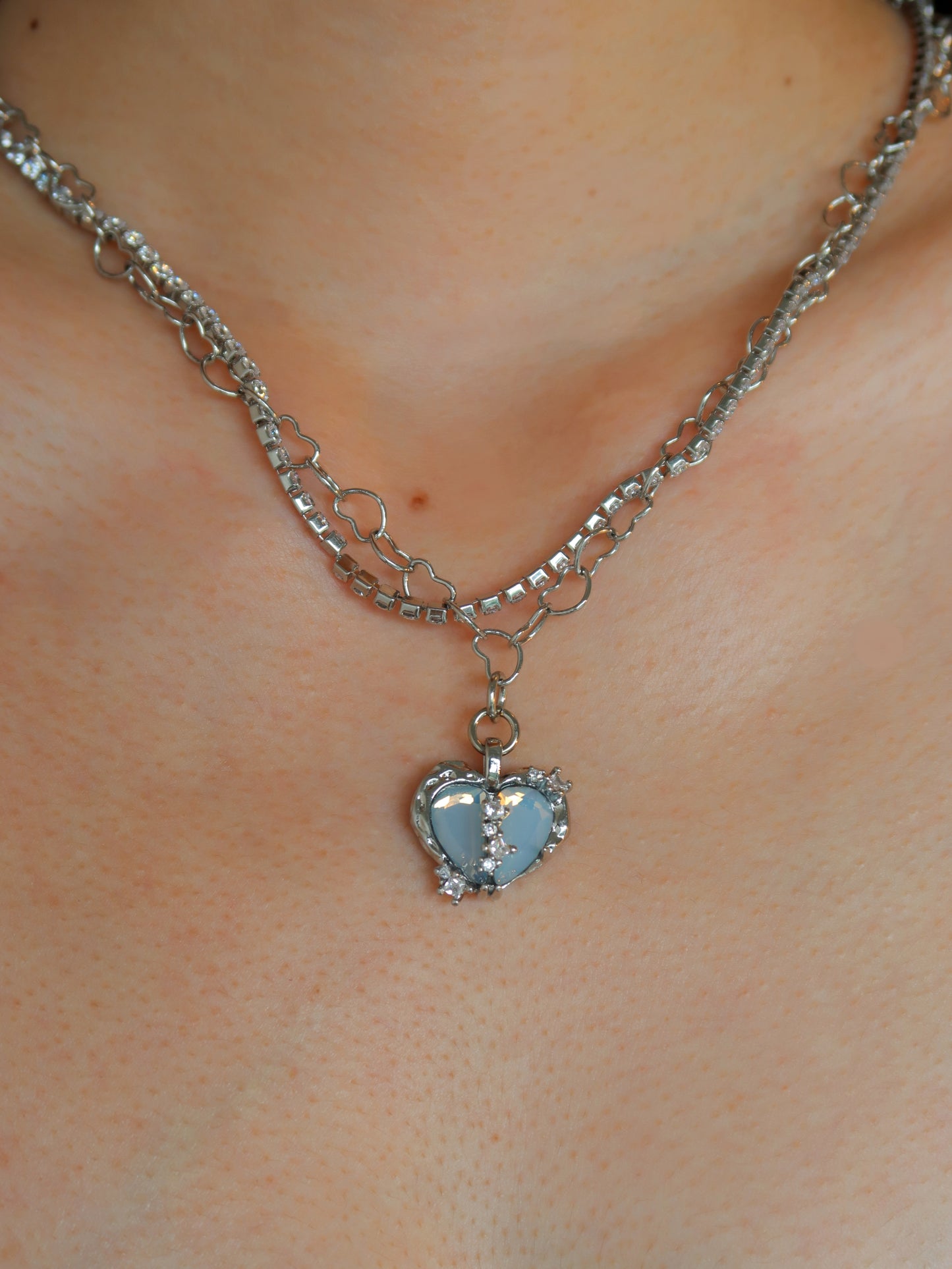 Heart Opal Necklace with Diamond Chain