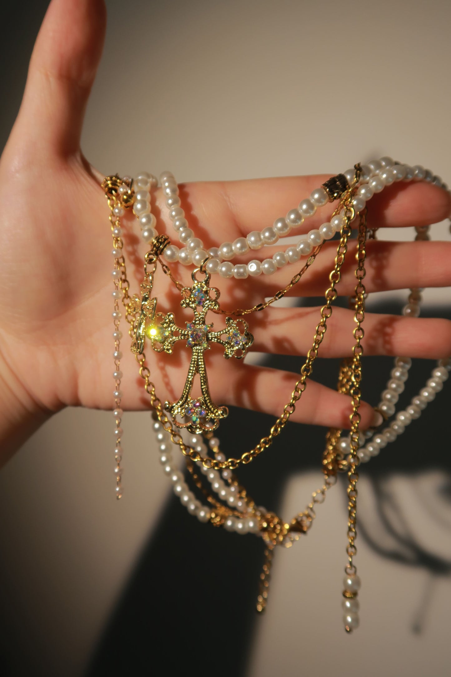 Heavenly Cross Necklace with Pearl Chains