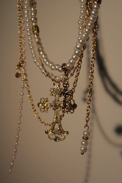 Heavenly Cross Necklace with Pearl Chains