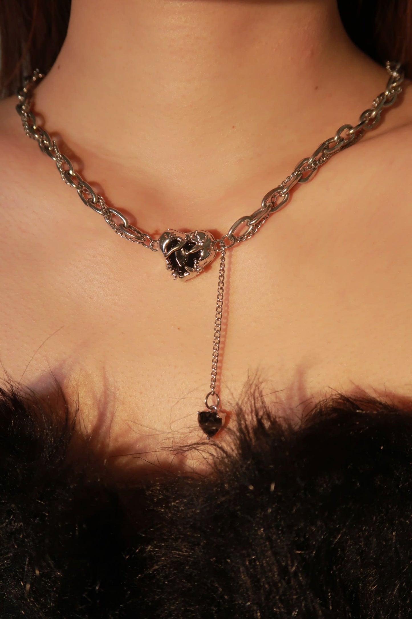 Double Chain Black Heart Necklace