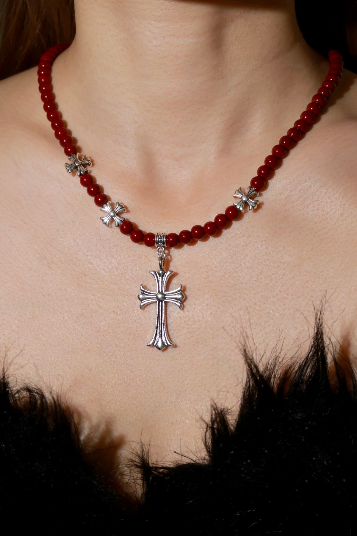 Red Beaded Cross Necklace