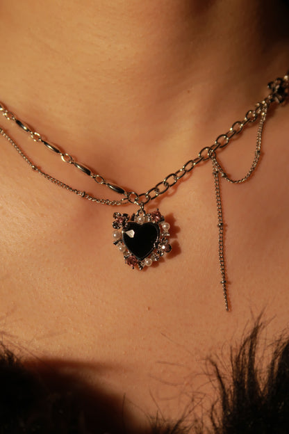 Black Gem & Pearl Heart Necklace