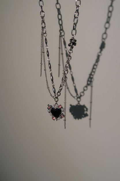 Black Gem & Pearl Heart Necklace